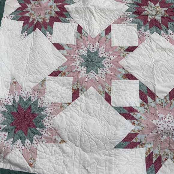Vintage Star Pattern Quilt Full 82" x 82" Multi Color Pink Green Farm Country - Picture 3 of 8
